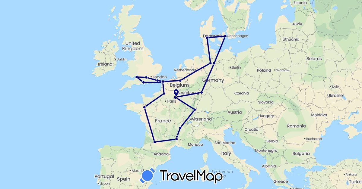 TravelMap itinerary: driving in Belgium, Germany, Denmark, France, United Kingdom (Europe)